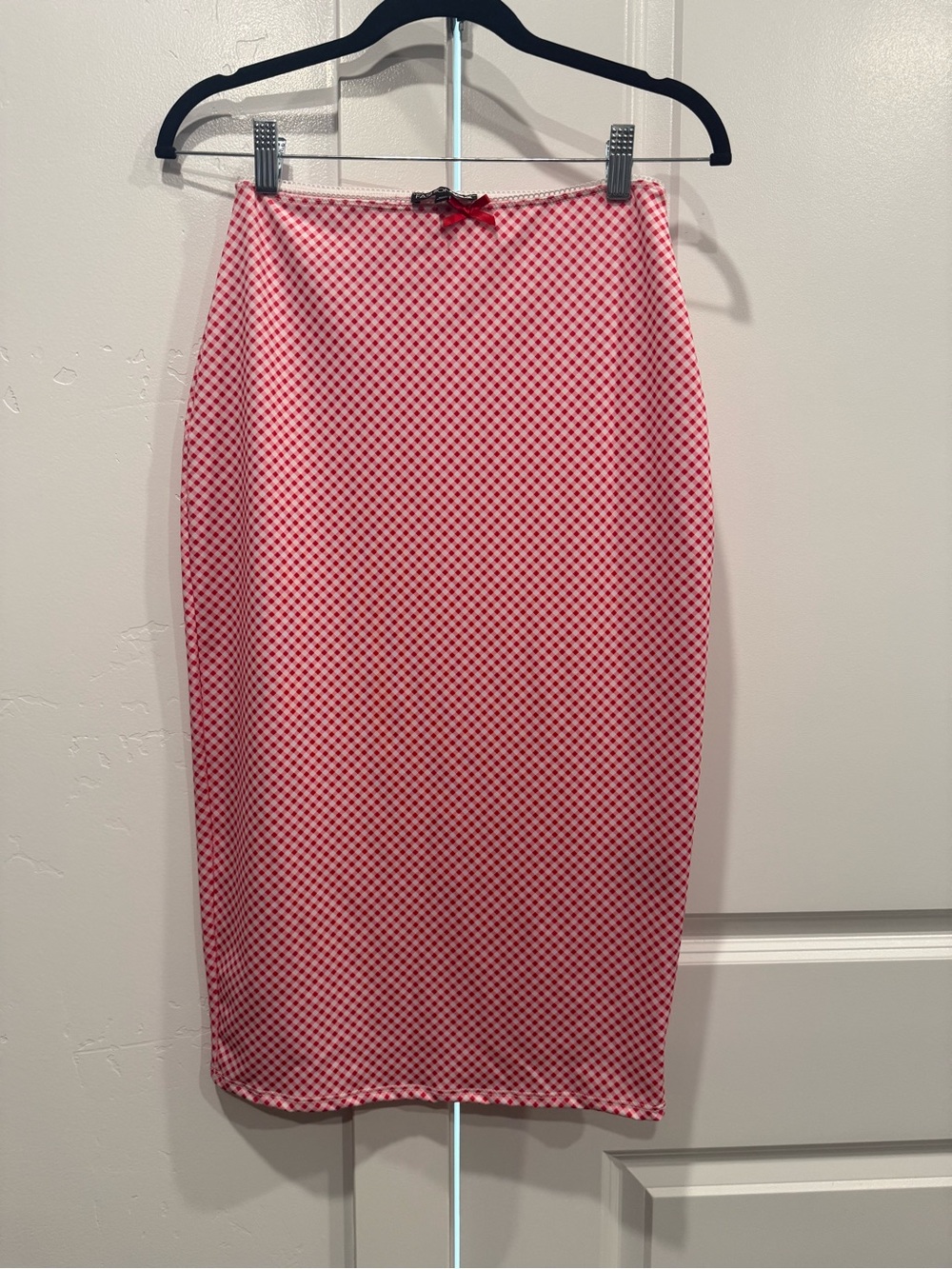 Fashion Nova Red and White Gingham Pencil Skirt with Waist Bow